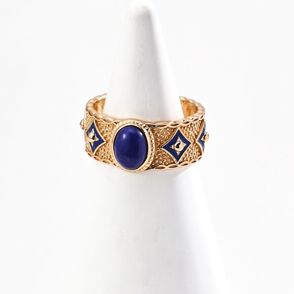 Handmade Jewelry - ✨ Artisan Original Lapis Lazuli & Enamel Statement Ring | S925 Gold Adjustable